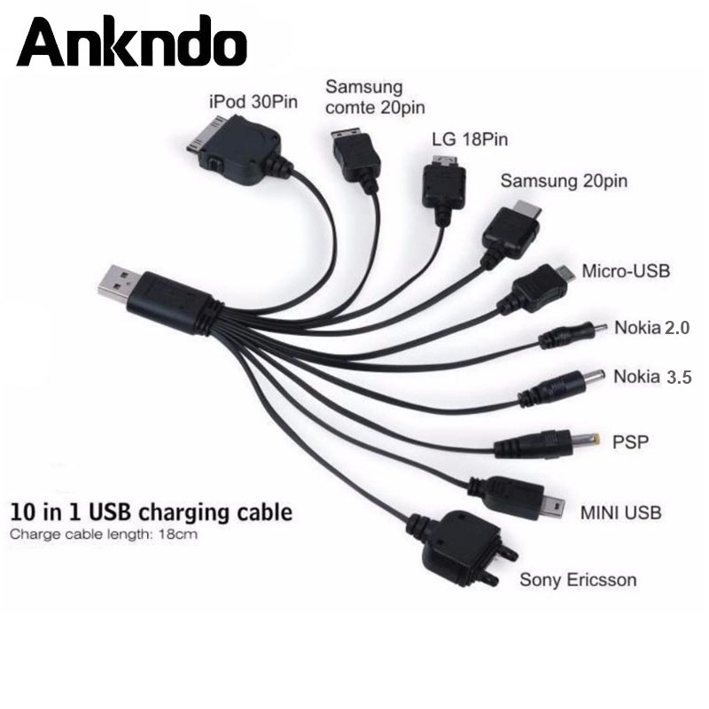 Ankndo 10 in 1 สายชาร์จ USB หลายสาย ทนทาน สําหรับโทรศัพท์มือถือ Android iPod LG Sony Ericsson PSP MP3 MP4