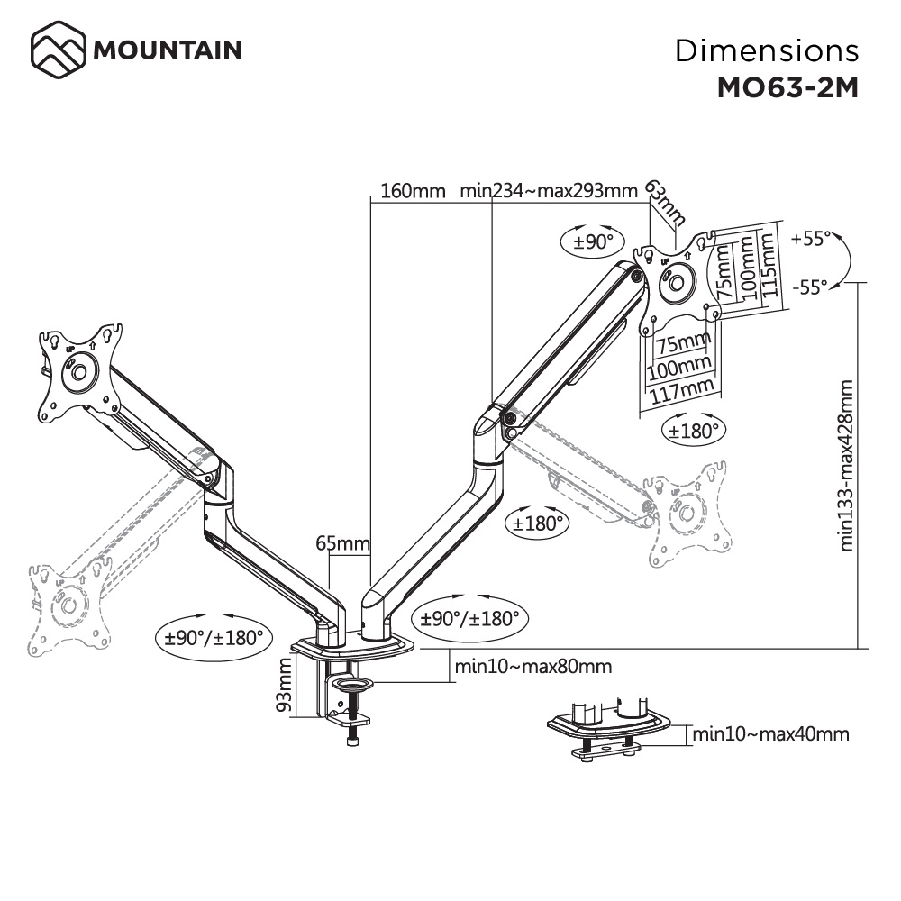 Mountain ขาตั้งจอคอม 1 จอ, 2 จอ แบบสปริง รุ่น MO-63WH-1M / MO-63WH-2M Spring Assisted Monitor Arm