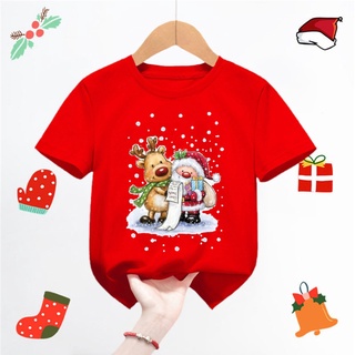 เสื้อยืดแขนสั้นลําลอง พิมพ์ลายกราฟฟิค Merry Christmas สีดํา แฟชั่นฮาราจูกุ สําหรับเด็กผู้ชาย และเด็กผู้หญิง