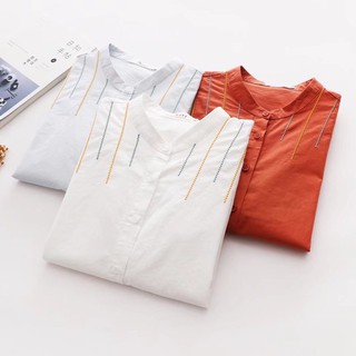 6841 เสื้อเชิ้ตแขนยาว ลายปักที่ไหล่ กระดุมผ่าทั้งตัว