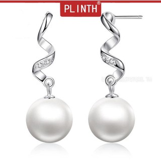 PLINTH เงินแท้ 925 Stud Earrings แม่มุกสังเคราะห์รูปแบบคลื่นฮันสไตล์ยาวง่าย1665