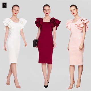 M8 [ตรงปก] S-XL Dress เดรส คอเหลี่ยม แขนระบาย สีชมพู สีแดงเข้ม สีขาว เดรสออกงาน ชุดออกงาน ชุดไปงานแต่ง LUXE