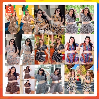 ชุดว่ายน้ำ2ชิ้นไซส์ใหญ่ เสื้อผูกหลัง กางเกงกระโปรงเอวสม๊อคสูง(ไมโคร)
