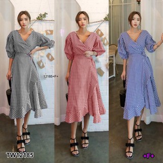 MF12185🍓 Dress เดรสคอวีไขว้ แขนตุ๊กตา ผ้าทอลายสก็อต กระโปรงป้ายระบายหน้า ชายระบายนิดๆ + สายผูกเอวเก๋ๆ