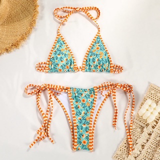 [พร้อมส่ง]Bikiniชุดว่ายน้ำแยกสี พิมพ์บล็อค บิกินี่ บิกินี่ เซ็กซี่ มีแผ่นอก น่ารัก ส่งฟรี