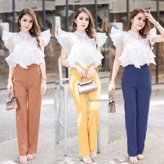 CL5981💎เซ็ต 3 ชิ้น เสื้อชีฟองคอจีนระบายอก+เสื้อสายเดี่ยว+กางเกงยาวเอวแต่ง #Set