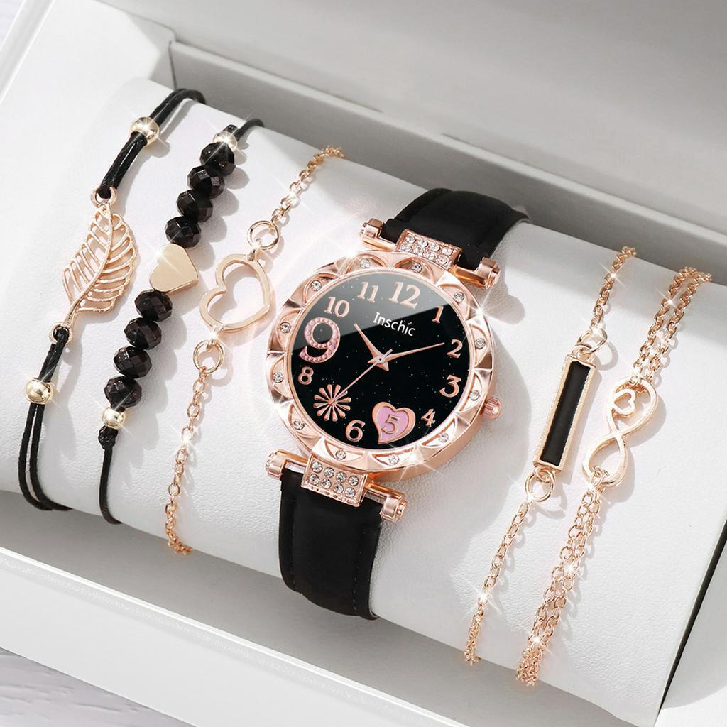 เข็มขัดสุภาพสตรีแฟชั่น Diamond-Studded Starry Sky Heart Digital Dial Quartz Watch+Love Heart Leaf Bracelet Set