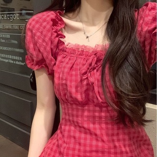 S-2XL 🍒 ชุดเดรสแขนสั้นสีแดงคอเหลี่ยมโบว์เกาหลีชุดเจ้าหญิงหญิง ins