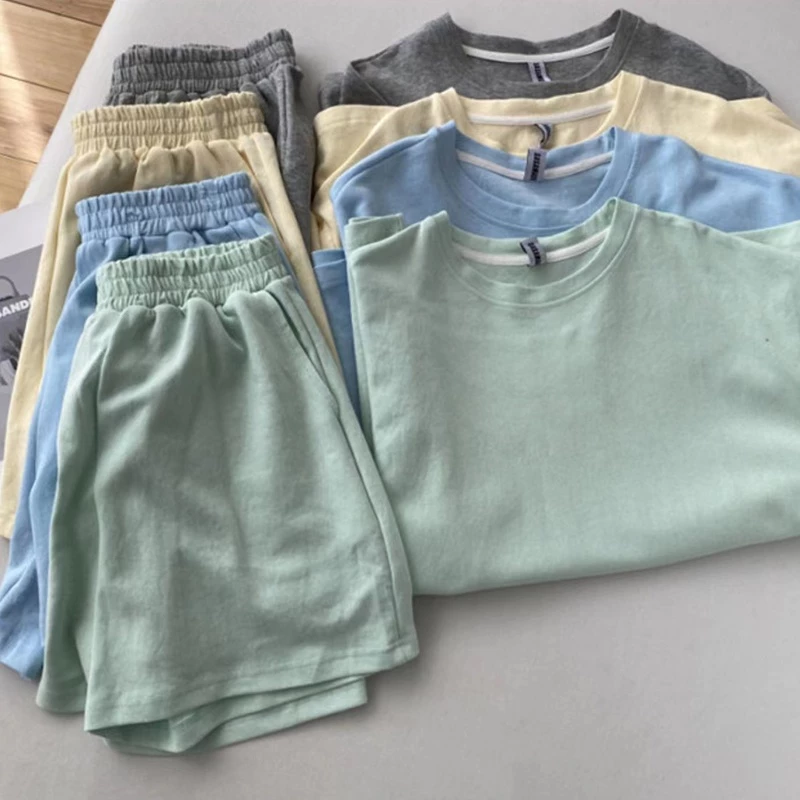 สีทึบ ชุดเซ็ท2ชิ้น เสื้อยืดคอกลม-กางเกงขาสั้นเอวยืด สีพาสเทล น่ารักมากๆ ใส่สบาย ได้ทุกล