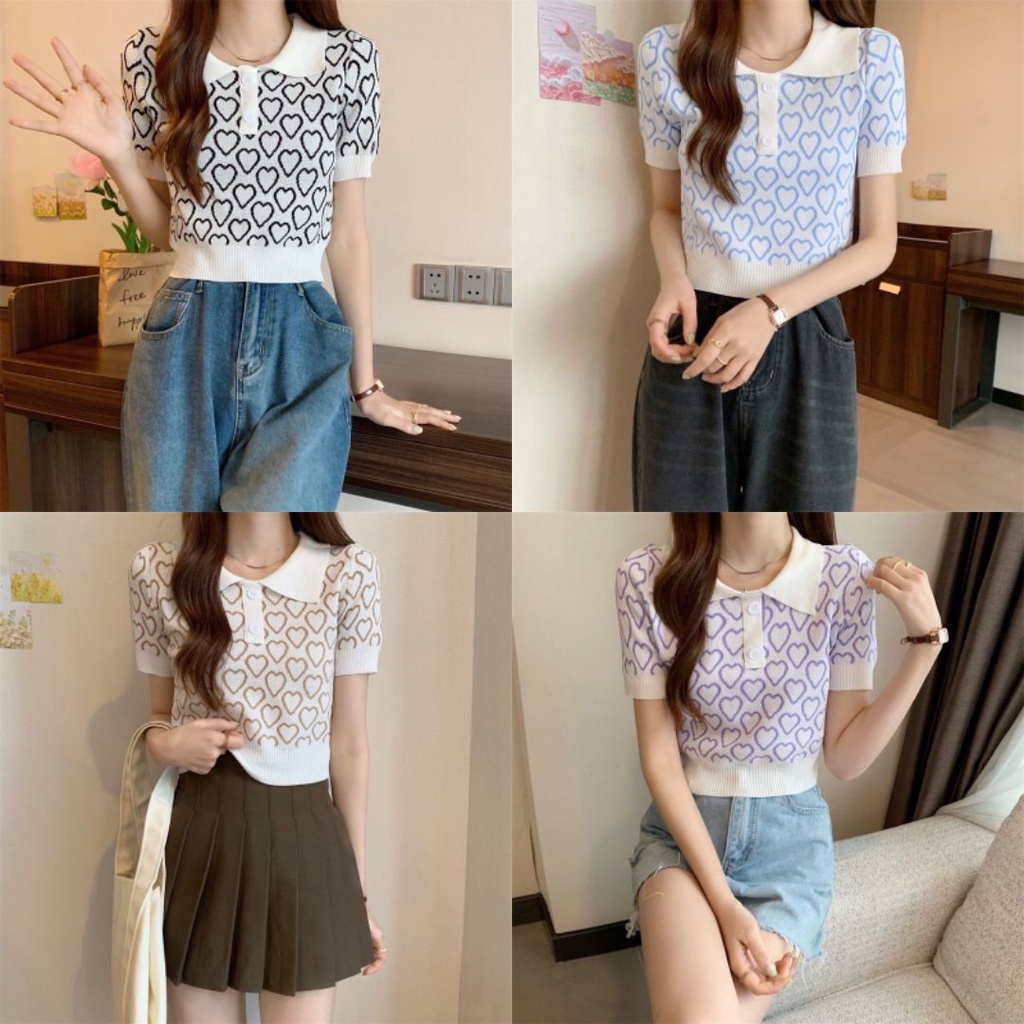เสื้อไหมพรมแขนสั้น คอปก ลายหัวใจ สีพาสเทล #A22