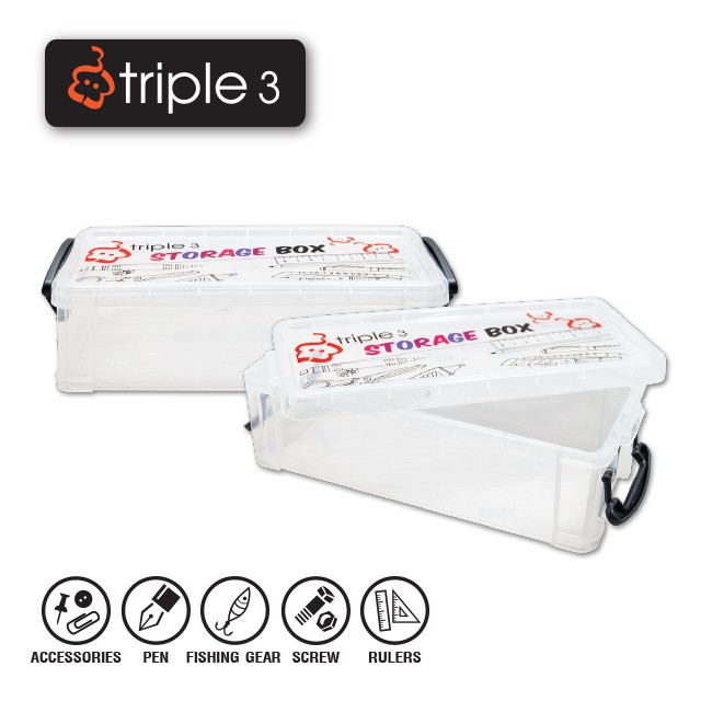 กล่องพลาสติกใส ใช้บรรจุเครื่องเขียนอุปกรณ์ทั่วไป ยี่ห้อ Triple 3 รุ่น R582-C ขนาด 19X8x4 cm. 1 กล่อง
