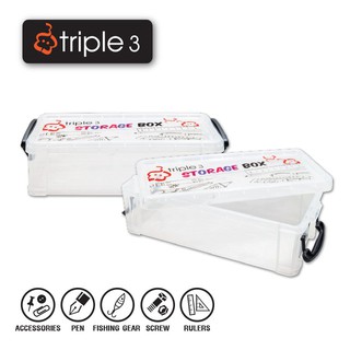 กล่องพลาสติกใส ใช้บรรจุเครื่องเขียนอุปกรณ์ทั่วไป ยี่ห้อ Triple 3 รุ่น R582-C ขนาด 19X8x4 cm.   1 กล่อง