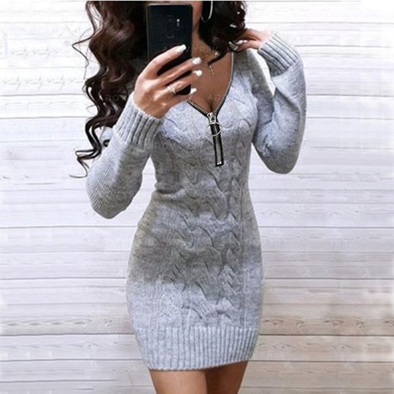 Fashion Sweater Dress Ladies 2021 New Fall Winter Sexy V Neck Zipper Warm Knitted Bodycon Dresses Elegant Package Hip Mi