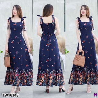 Maxi dress ผูกไหล่ลายดอกตัดต่อแต่งระบายผ้าเชิงที่ชายกระโปรง มีโบว์ผูกเอว/มีซิปซ่อนด้านหลัง/มีซัปใน ทรงสวย