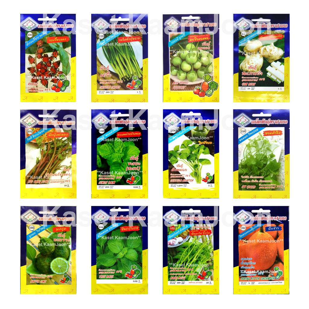 เมล็ดพันธุ์ ซอง ผักพื้นบ้าน ผักสวนครัว รั้วกินได้ ตองสาม 333 สามเอ AAA ผักบุ้งนาแดง มะกรูด สะระแหน่ ตำลึง ดอกแค ใบบัวบกฯ