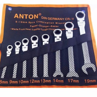ชุดประแจแหวนข้างฟรีปากตาย คอพับได้ ANTON ขนาด 8-19 มม 8 ชิ้น