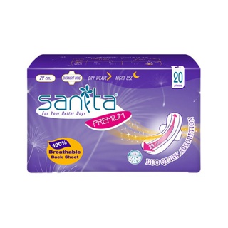 Sanita แซนนิต้า พรีเมี่ยม ผ้าอนามัย กลางคืน มีปีก ผิวหน้าแห้ง ความยาว 29 ซม. (20 ชิ้น)