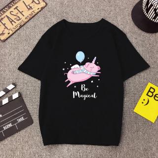 เสื้อทหาร - ยูนิคอร์นน่ารักหมูคาวาอี้สัตว์บินผู้หญิงเสื้อยืดสีดําฮาราจูกุเกาหลีท็อปส์ซูสตรีทแวร์วิน