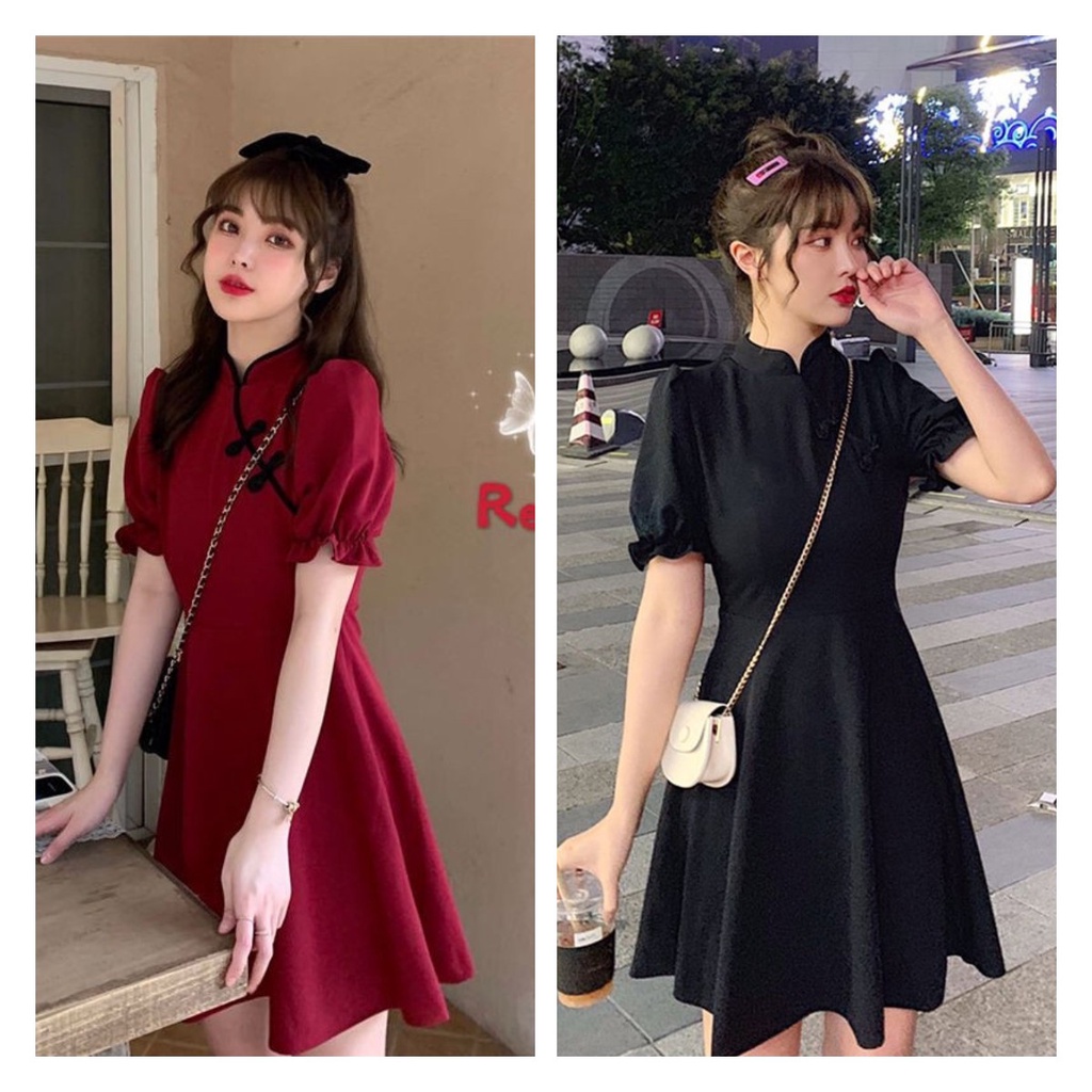 พร้อมส่ง dress cheongsam  กี่เพ้าสีแดงคอปกสไตล์จีนแขนสั้น ชุดงานปีใหม่  เดรสจีนสีดำ เอวกระชับสัดส่วนชุดแดงตรุษจีนผู้หญิง