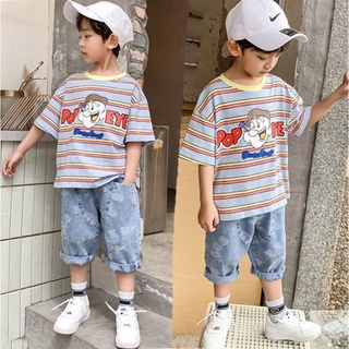 ชุดเด็กน่ารัก ชุดเด็กโต เสื้อยืดแขนสั้น แต่งลายขวาง ป๊อปอาย สีฟ้า พร้อมกางเกงยีนส์ เท่ห์ๆ