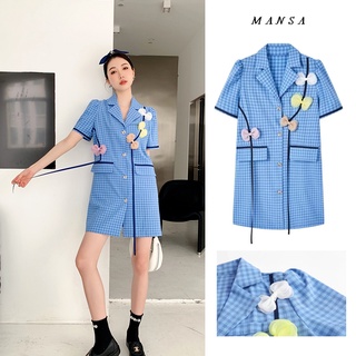 MANSA blue plaid bow long dress เสื้อผ้าแฟชั่น เดรสยาว เดรสลายสก็อต