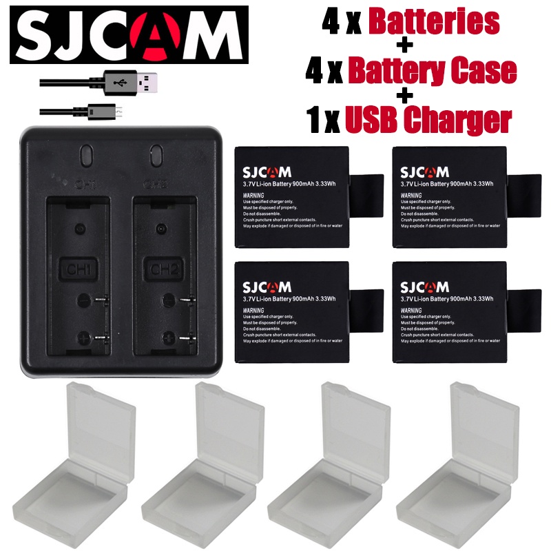 New Original 4pcs SJCAM sj4000 battery + sj 4000 sj 5000 sj 6000 Dual USB charger for sj4000 sj5000 