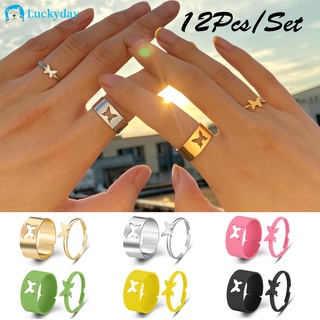 YEEZII 12Pcs/Set Korean Hollow Butterfly Couple Ring Set Fashion Colorful Star Moon Gold Rings Letters Finger Ring for Women Accessories Jewelry Gift