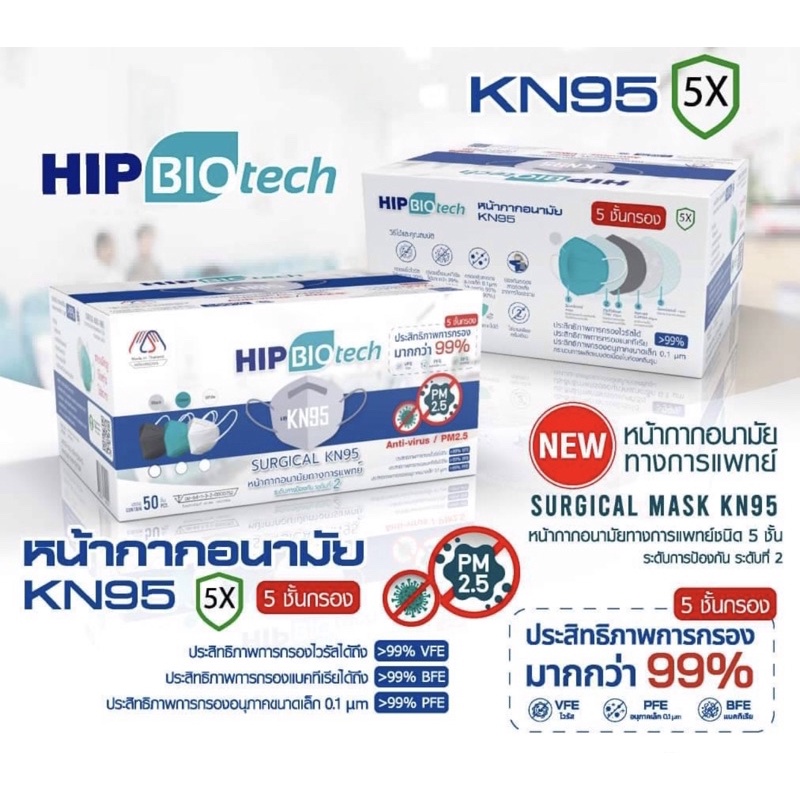 หน้ากากอนามัยทางการแพทย์ N95 แบรนด์ HIP Biotech 5 ชั้นกรอง