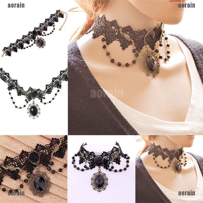 AG Fashion Lolita Gothic Black Rose Flower Lace Choker Collar Necklace ...