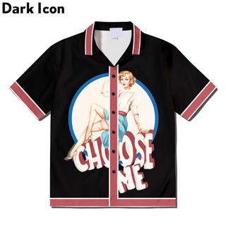 เสื้อโปโลผู้ชายทรงหลวมสีดําพิมพ์ลาย Dark Icon Modern Girl Retro