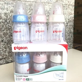 Pigeon พีเจ้น ขวดนม PP ขนาด 2 ออนซ์ ทรงมาตรฐาน พร้อมจุกนมเสมือนนมมารดา รุ่น มินิ size S (แพ็ค 3 ชุด) คละสี
