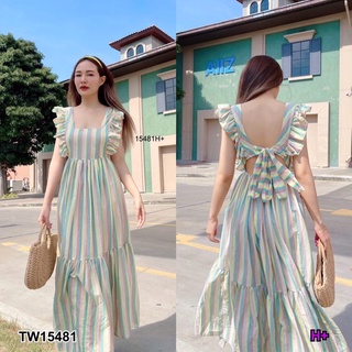 TW15481  แม็กซี่เดรสคอเหลี่ยมไหล่ระบาย ผ้าทอลายสีรุ้ง ชายเดรสปล่อยระบาย ดีเทลผูกโบว์หลัง เอวยืดสม็อคหลัง พร้อมส่ง