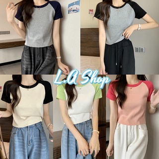 L.A Shop พร้อมส่ง เสื้อไหมพรมแขนสั้น คอกลมดีเทลสีทูโทนน่ารักๆ "58067-2"