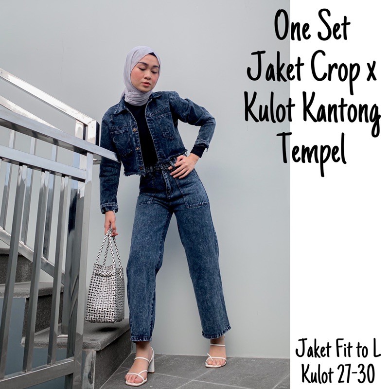 One Set Crop Jean Jacket x Snow Black Jean Culottes