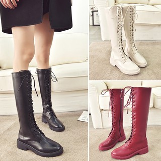 รองเท้าบู๊ทยาว หนังสีดำผูกเชือกซิปข้าง Size 35-39 (งานจริงรูปสุดท้าย)