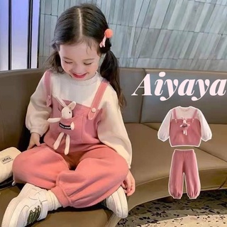 Aiyaya ชุดเสื้อผ้าเด็กผู้หญิง ชุดกางเกงเด็กผู้หญิง เสื้อแขนยาวลายการ์ตูนกระต่ายสามมิติ+กางเกงขายาวลำลองเซท2ชิ้น（312）