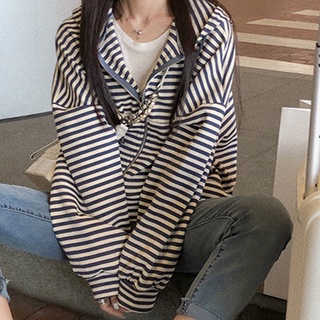 Suxi เสื้อกันหนาวลําลองสตรี แขนยาว ลายทาง มีหมวก ฤดูใบไม้ร่วง