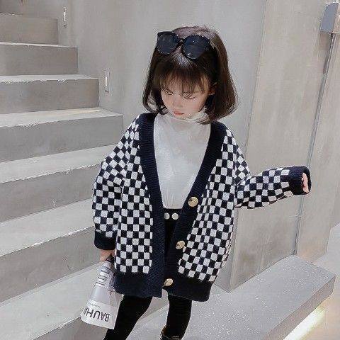 (พร้อมส่ง)  เสื้อกันหนาวเด็ก เสื้อเเขนยาวไหมพรมลายตารางขาวดำ ผ้าดีมากเเนะนำ