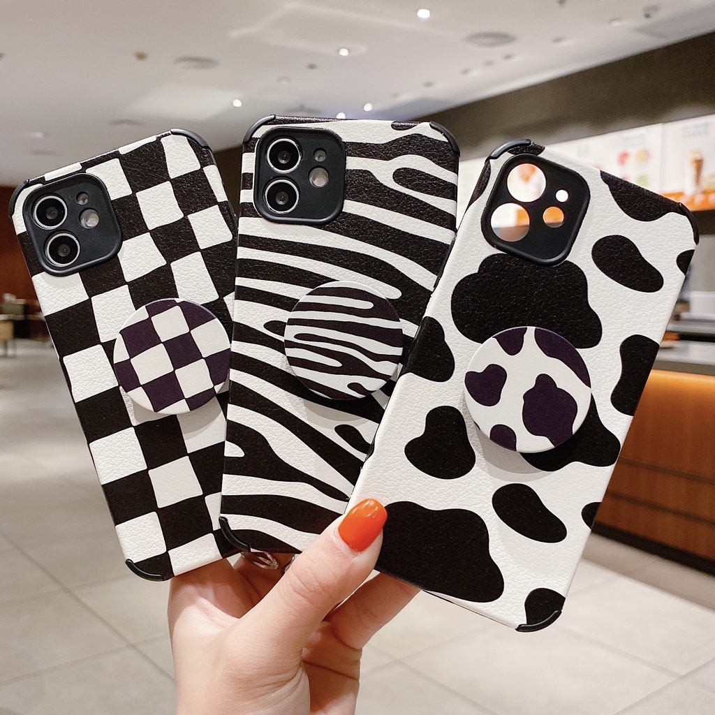 เคส OPPO A96 A76 A16 A15 A15S A54 A53 A93 A92 A52 A31 A12 A9 A7 A5 A5S A3S F9 F7 Reno5 4G 5G Reno7 Z Reno 7 7Z Realme 5 5i 2020 2021 2022 Anti-fall Checkerboard Cow Zebra Stripe Soft Case With Stand #8