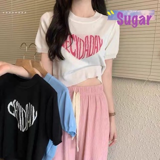 Sugar🌈พร้อมส่ง🌈เสื้อยืด คอกลม แขนสั้น ไหมพรม คอร่อง ยืดได้เยอะใส่สบายมาก(66050)