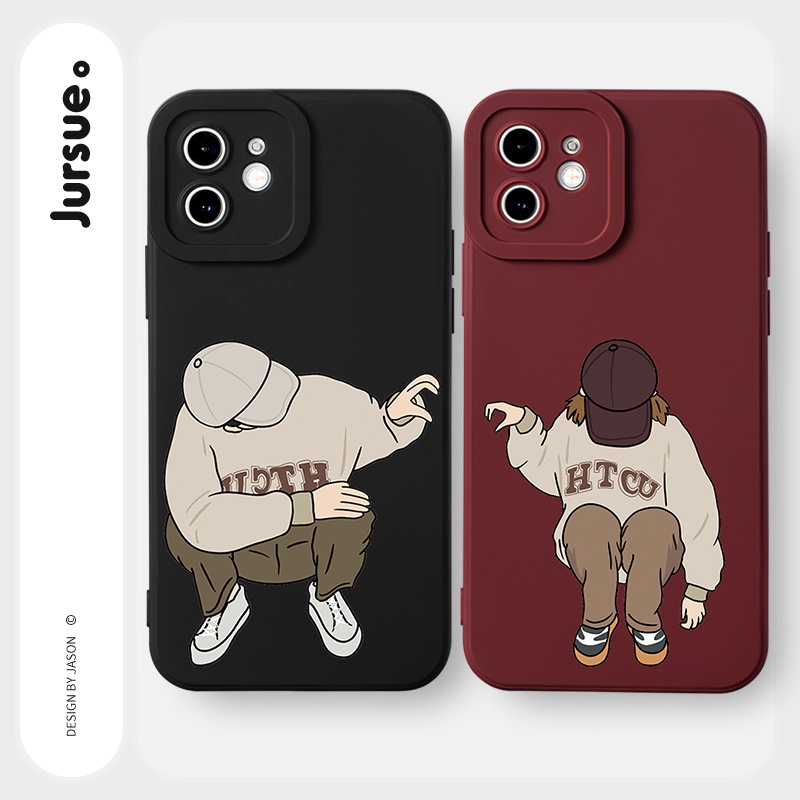 JURSUE เคสคู่ เคสไอโฟน คู่รัก ขอบเหลี่ยมกันกระแทกซิลิโคนนุ่มการ์ตูนน่ารักตลก เคสโทรศัพท์ Compatible for iPhone 16 15 14 13 12 11 Pro Max SE 2020 X XR XS 8 7 Plus พลัส สีดำ Y1883