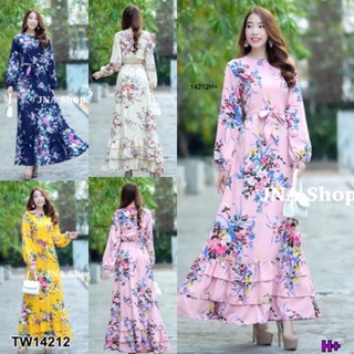 🌼💕เดรสเที่ยว ไปทะเล Maxi Dress เดรสยาว คอกลมติดกระดุมหลัง แขนยาว เนื้อผ้าอิตาลีลายดอกไม้ มีเชือกผูกเอว