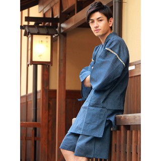 【Kyoto Kimono Kyokomati】Jinbei ชุดลำลองผ้าฝ้ายลายทาง สีน้ำเงิน ไซส์ M / L แฟชั่นฤดูร้อนสําหรับผู้ชาย