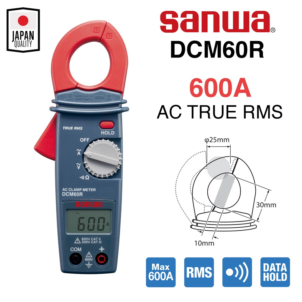 Sanwa DCM60R 600A ดิจิตอล แคลมป์มิเตอร์ AC True RMS คุณภาพสูง Made in Taiwan คลิปแอมป์ คลิปแอมป์ Dig