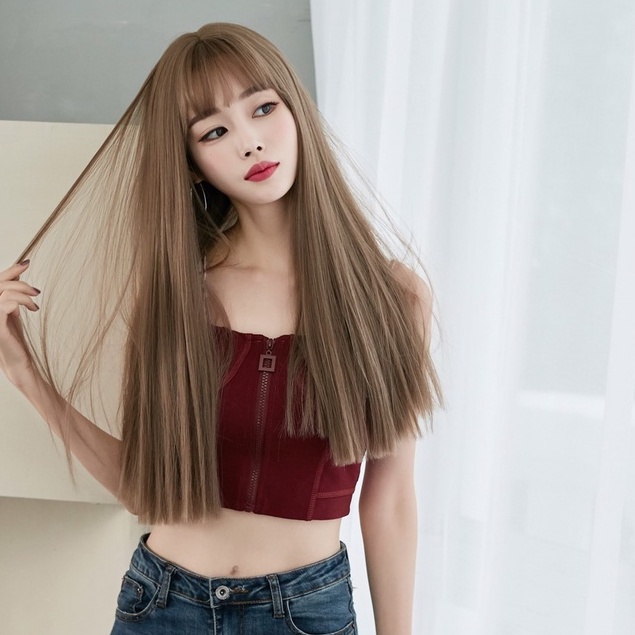 วิกผม  วิกผมไหมเกาหลีหน้าม้าตรงยาวสวยดูเป็นธรรมชาติมีหนังหัวเสมือนจริงสินค้าสวยตามภากไหมด้านอย่างดี แถมเน็กคลุมค่ะ