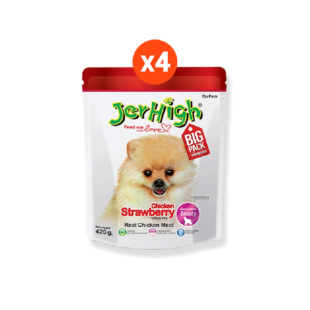 [ซื้อครบ 399 ลดค่าส่ง 20]JerHigh เจอร์ไฮ สตรอเบอร์รี่ สติ๊ก ขนมหมา ขนมสุนัข อาหารสุนัข ขนาด 400 กรัม บรรจุ 4 ซอง