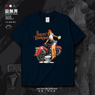 เสื้อยืดโอเวอร์ไซส์ชุด unbounded Harley รถจักรยานยนต์ล้างรถสาวแขนสั้นเสื้อยืดผู้ชายและผู้หญิงแฟชั่นยุโรปและอเมริกาผ้าฝ้า