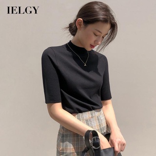 IELGY เสื้อยืด คอสูง แขนสั้น ผ้าถัก เข้ารูป สําหรับผู้หญิง