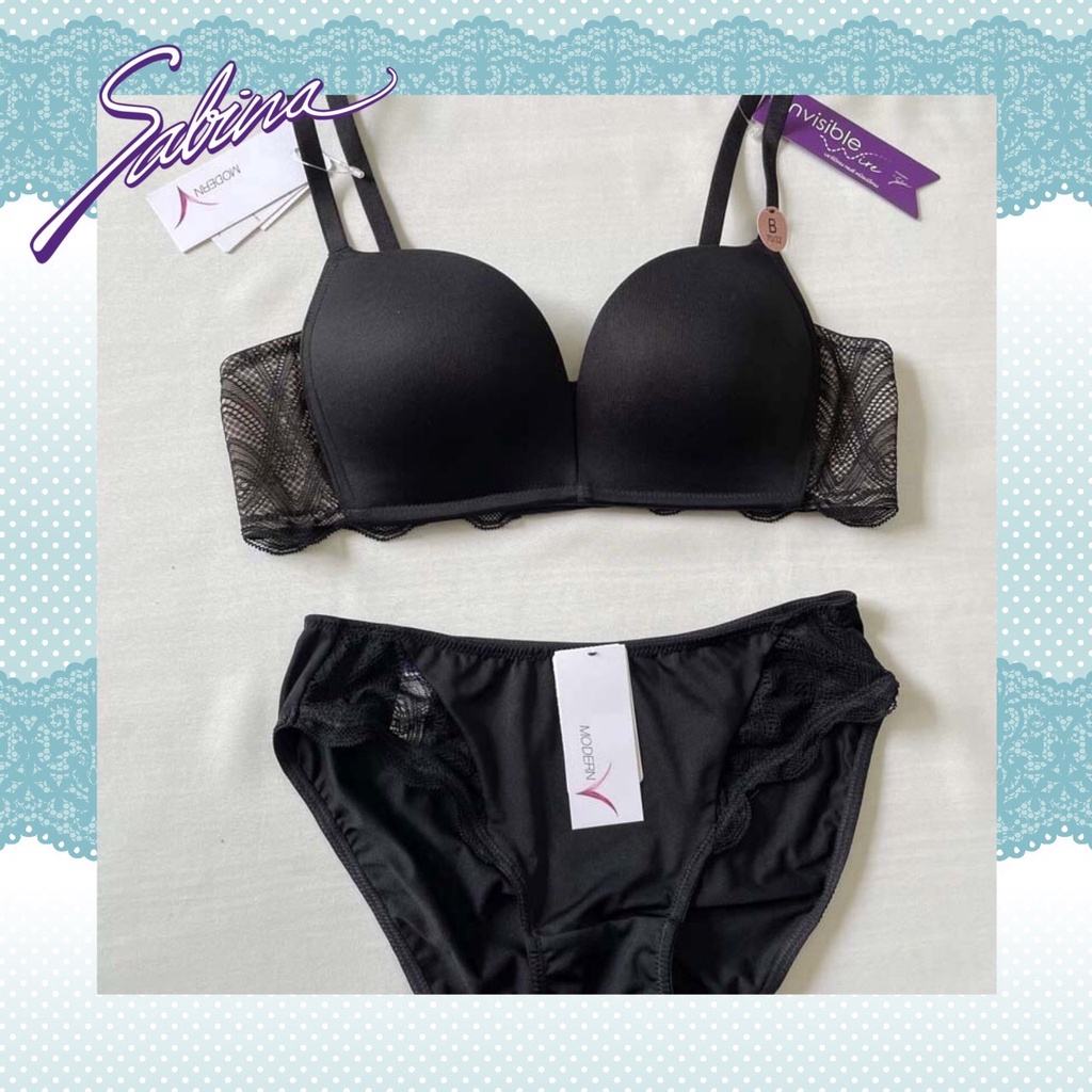 Sabina เซตชุดชั้นใน Invisible Wire (ไม่มีโครง) รุ่น Modern V รหัส SBI1125BK+SUI1125BK สีดำ
