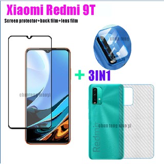 (3 in 1) เหมาะสำหรับ Xiaomi Redmi 9T (4G) / 9A / 9 / 9C / K30 / K30Pro / 8A ฟิล์มป้องกันกระจกเทมเปอร์ + ฟิล์มป้องกันเลนส์กล้อง + ฟิล์มสติกเกอร์ฝาหลังคาร์บอนไฟเบอร์